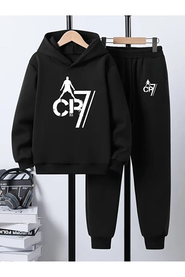 Children's Printed Hooded Sweatshirt and Tracksuit Set 3-Thread Brushed Inside for Autumn/Winter