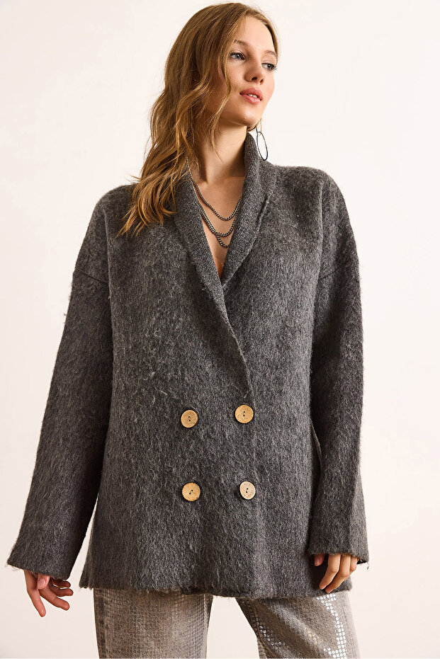 Women's Smoked Double-Breasted Collar Oversized Ribbed Knit Cardigan Hrk-19000381