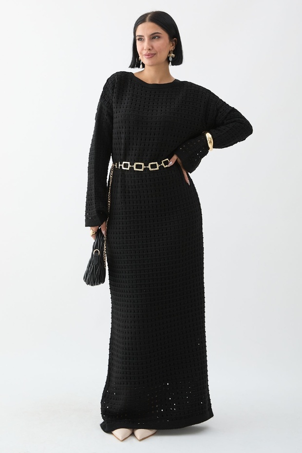 Ajurlu Siyah Triko Elbise - 5