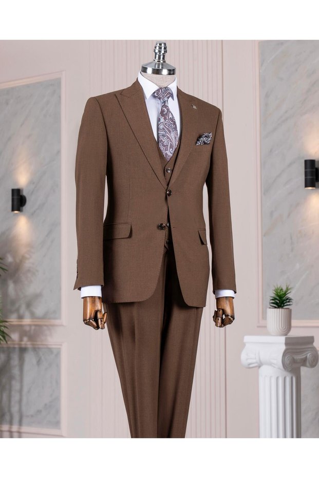 Italian Style Slim Fit Jacket Vest Pants Suit Brown T14581