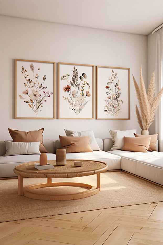 3 Piece Natural Color Real Wood Framed Painting Set - Model 19