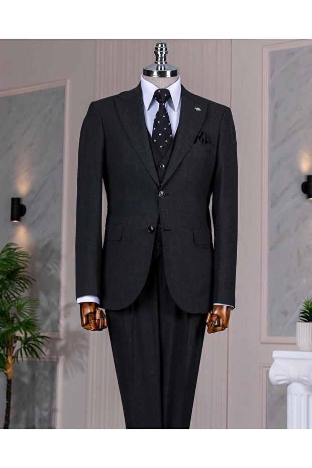 Italian Style Slim Fit Jacket Vest Trousers Suit Anthracite T14314