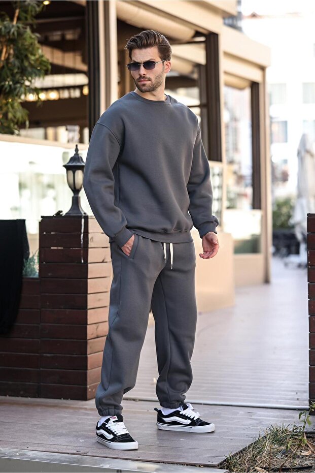 Smoked Brown Crew Neck Basic Tracksuit Set E7329 - 4