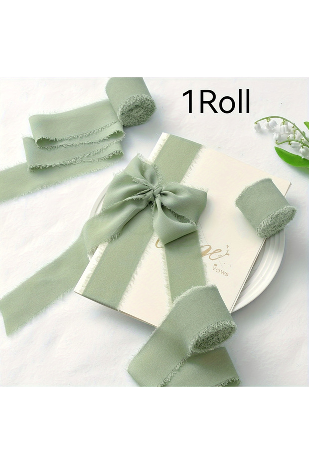 L MINT GREEN Mint Green Fringe Chiffon Ribbon - 5 Yards Frayed Polyester Ribbon for Bouquets, Crafts