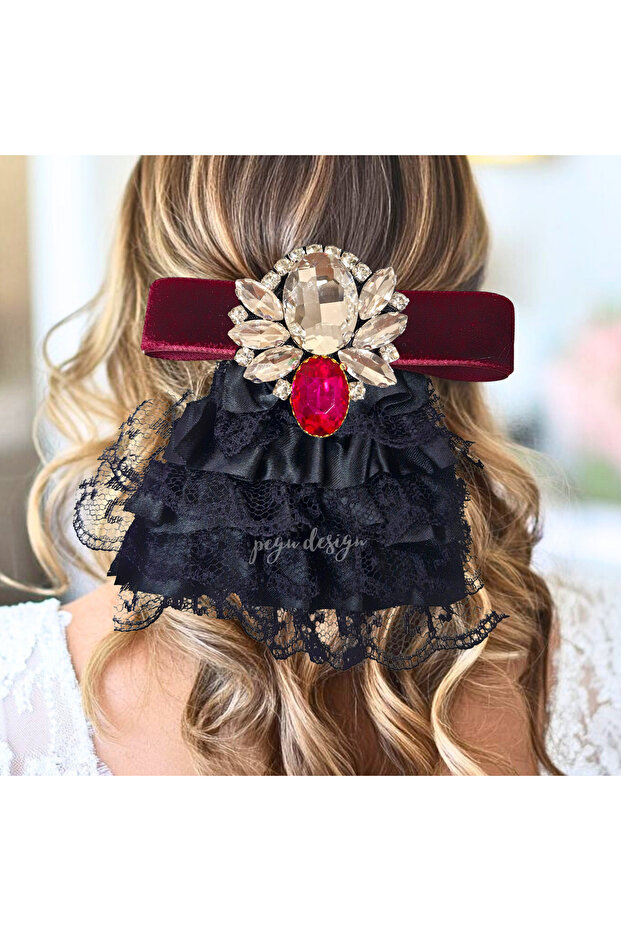 Bordo Shi̇ne Series Special Design Hair Clip with Crystal Stone, School, Work, Office Accessory