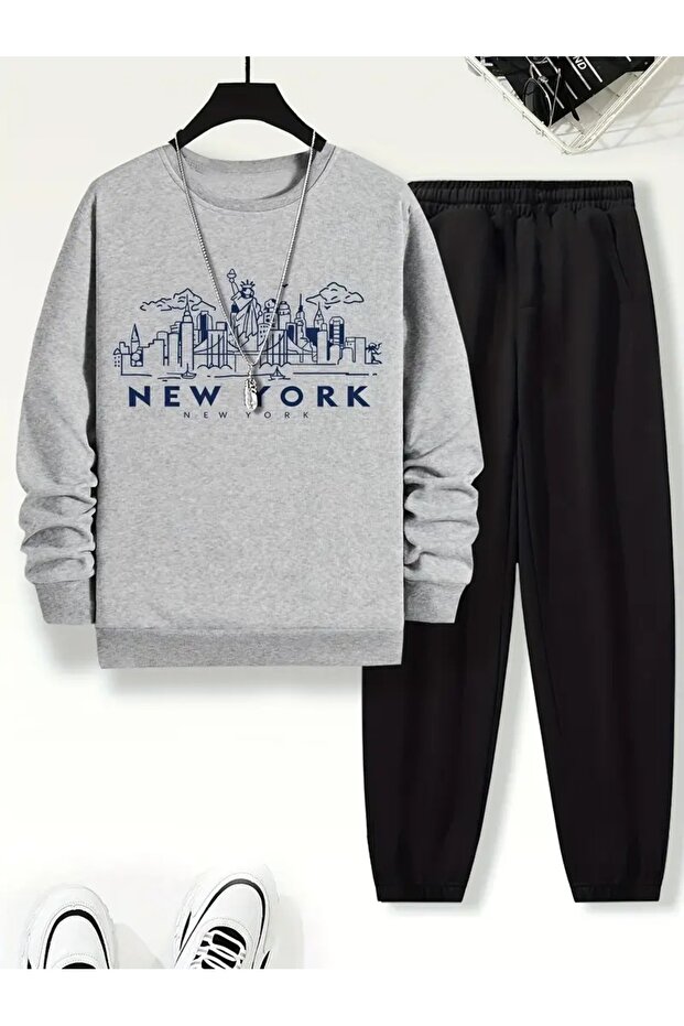 Children's Printed Crew Neck Sweatshirt and Sweatpants Set 3 Thread Raster for Autumn/Winter