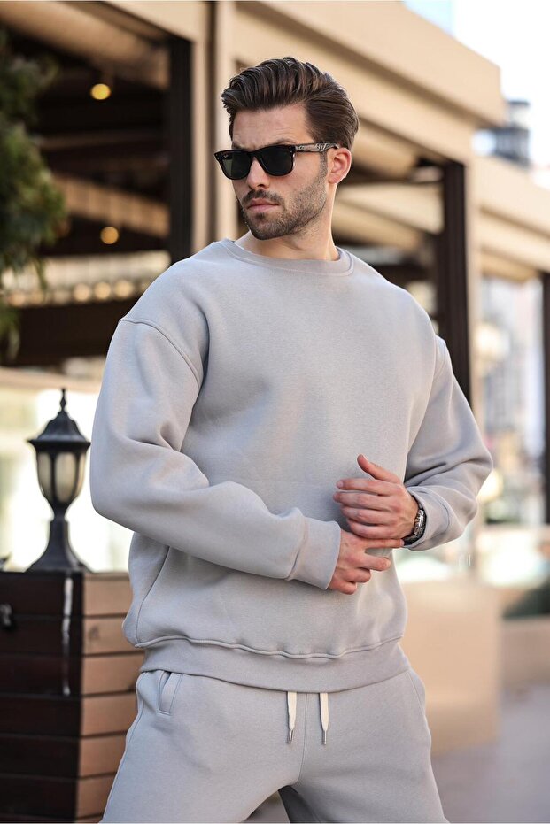 Painted Gray Crew Neck Basic Tracksuit Set E7329 - 3
