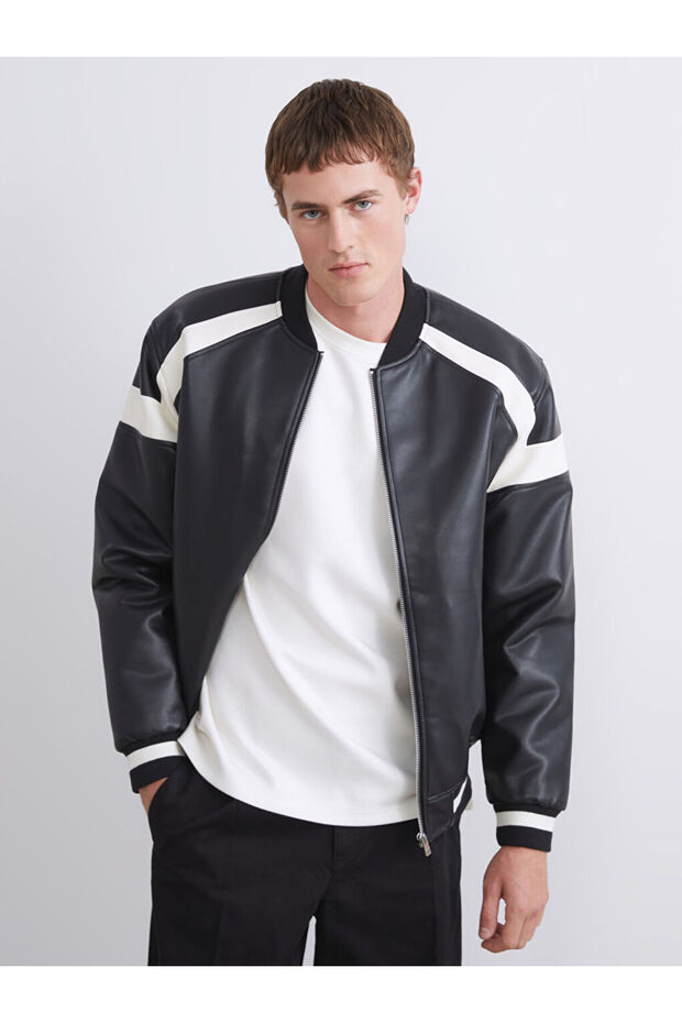 Create Your Style from Uzg Store | Standard Fit College Collar Men's Leather Look Jacket - 2