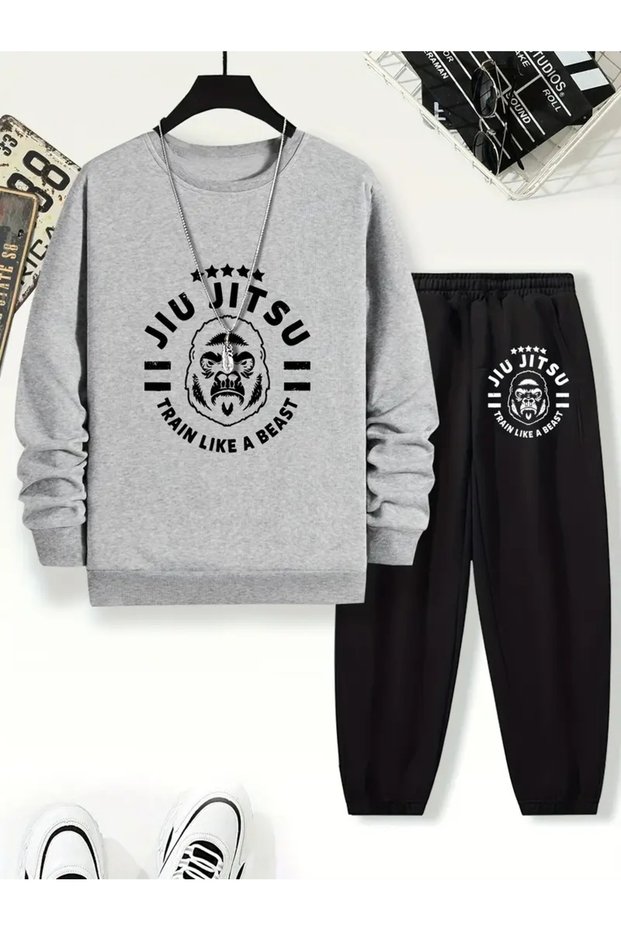 Children's Printed Crew Neck Sweatshirt and Sweatpants Set 3 Thread Raster for Autumn/Winter
