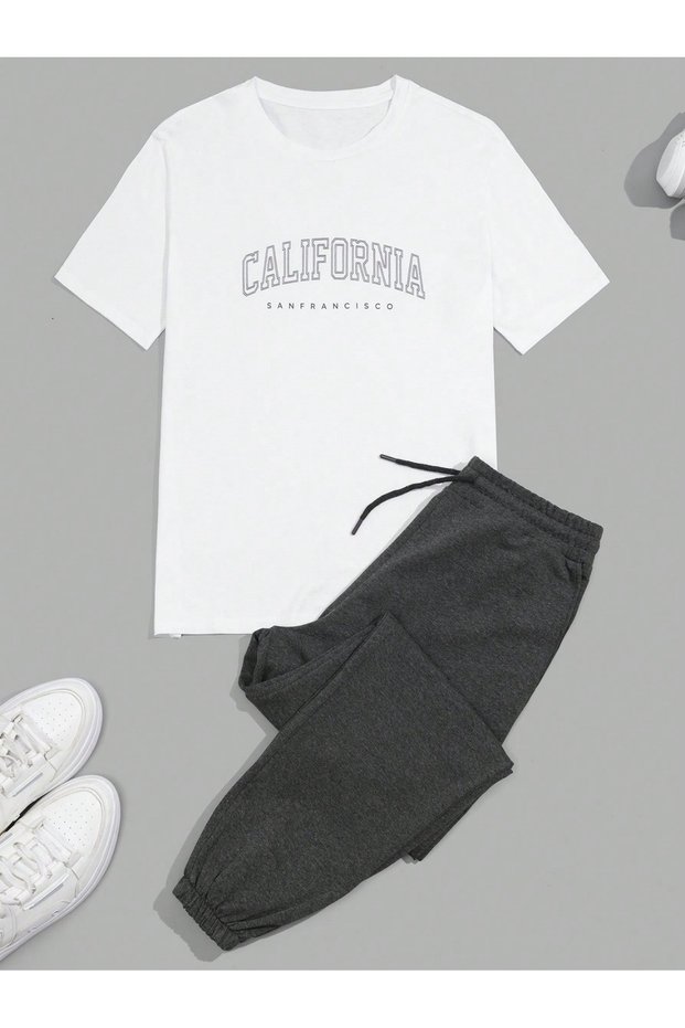 100% Cotton White California Printed T-Shirt & Black Sweatpants Men's Set