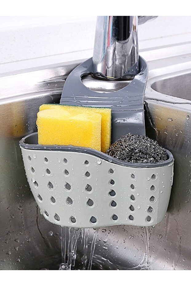 WHITE 1pc Sink Faucet Drain Basket Hanging Bag Without Punching Adjustable Kitchen Dishwashing Spong