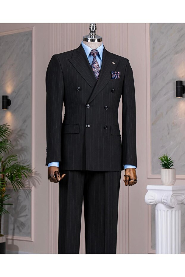 Italian Style Double Breasted Jacket Pant Suit Black T14135