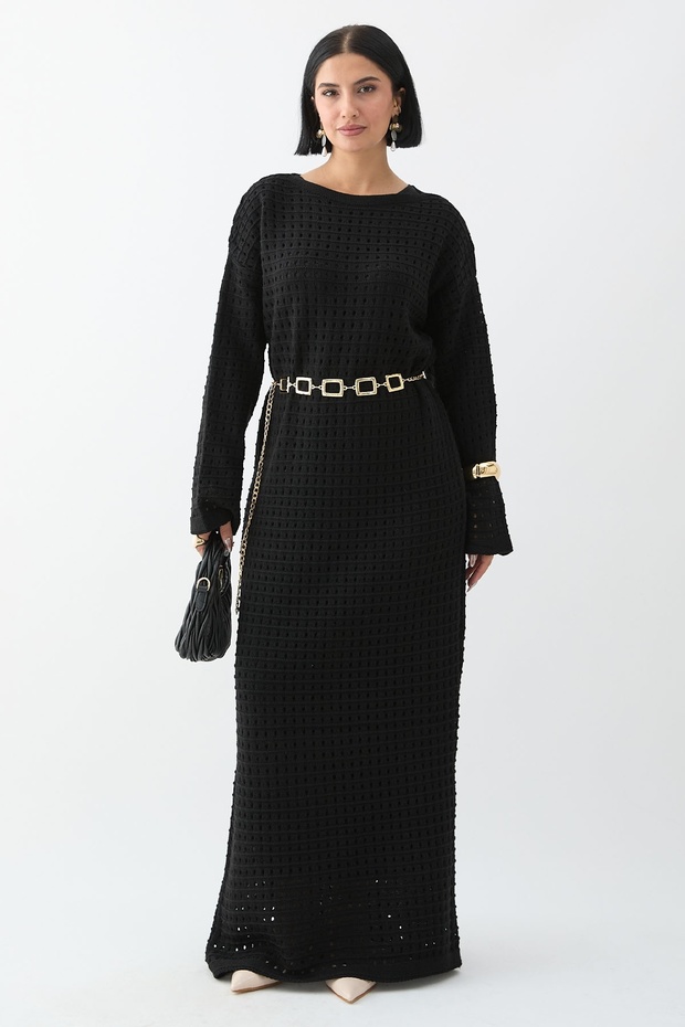 Ajurlu Siyah Triko Elbise - 1