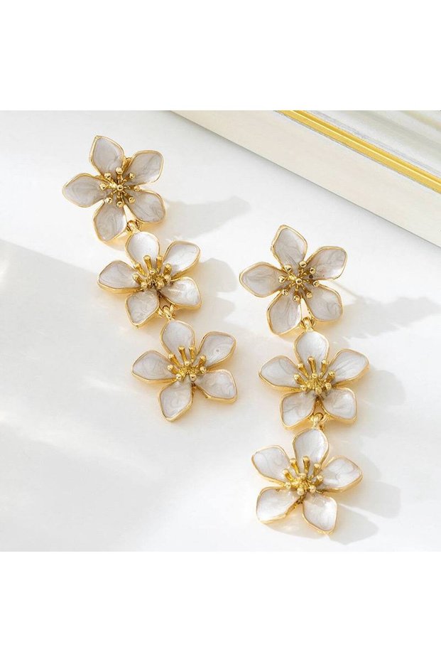 Korean Style Cherry Blossom Model Triple Dangle Luxury Design Earrings - Gold Plated Evening Dress & Bridal Earrings