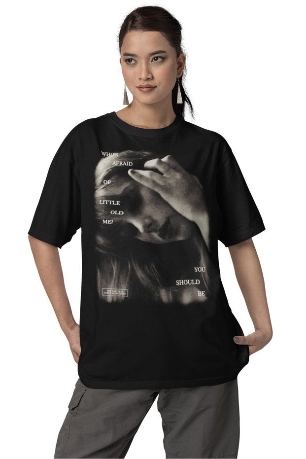 Unisex Who's Afraid of Little Old Me? Written T-Shirt, Oversized Taylor Swift Themed Black T-Shirt