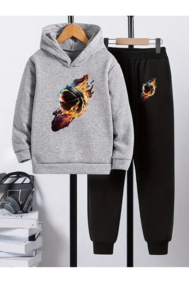 Children's Printed Hooded Sweatshirt and Sweatpants Set 3 Thread Raster for Autumn/Winter
