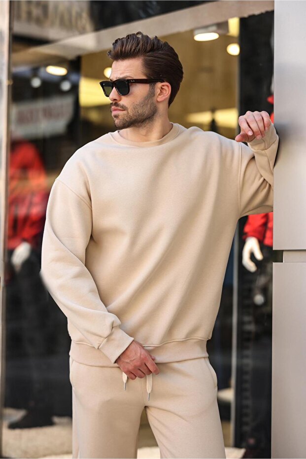 Bej Bisiklet Yaka Basic Eşofman Takımı E7329 - 3