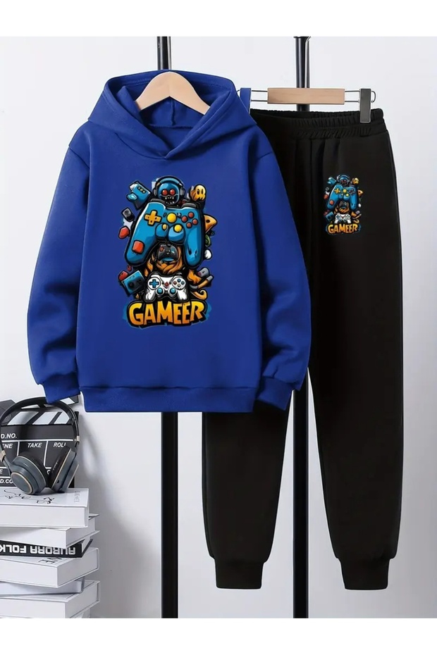 Children's Printed Hooded Sweatshirt and Tracksuit Set 3-Thread Brushed Inside for Autumn/Winter