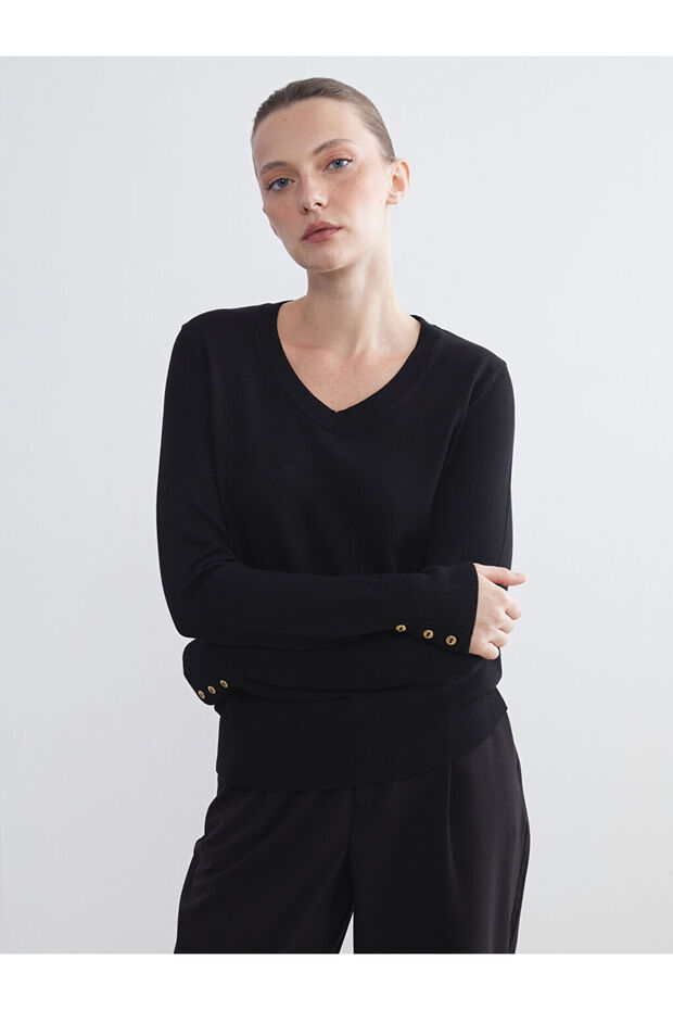 Black V-Neck Women's Knitwear Sweater