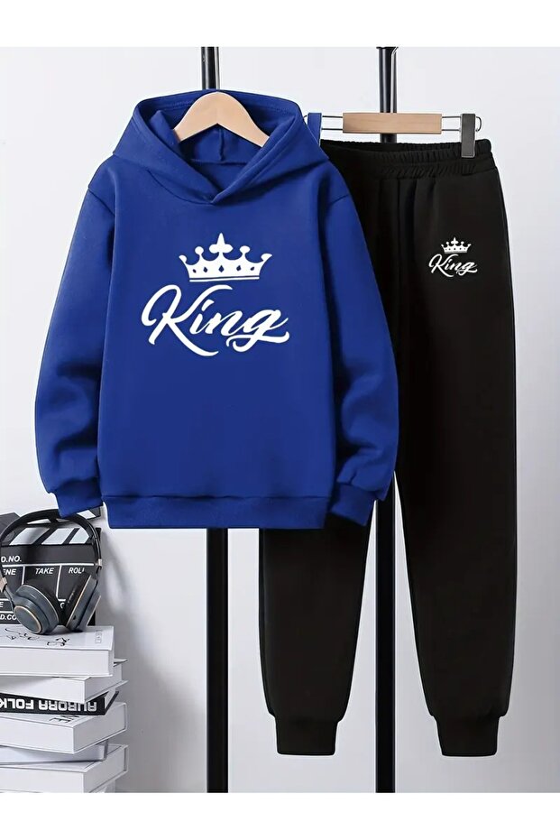 Children's Printed Hooded Sweatshirt and Tracksuit Set 3-Thread Brushed Inside for Autumn/Winter