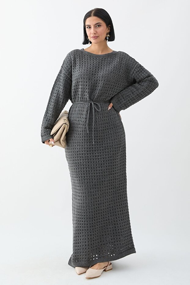 Ajurlu Antrasit Triko Elbise - 6