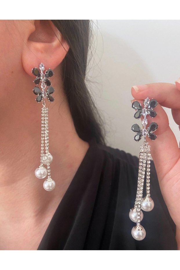 Silver Colored Long Black Stone Butterfly Model Dangle Stylish Party Engagement Henna Wedding Evening Dress Earrings