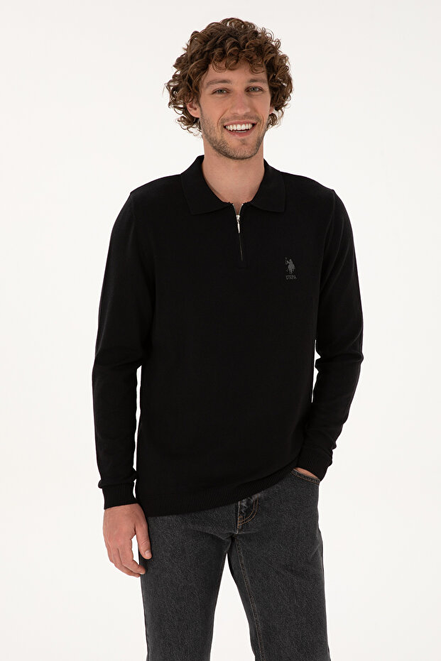 Men's Slim Fit Half Zip Polo Collar Black Sweater 50308569-Vr046