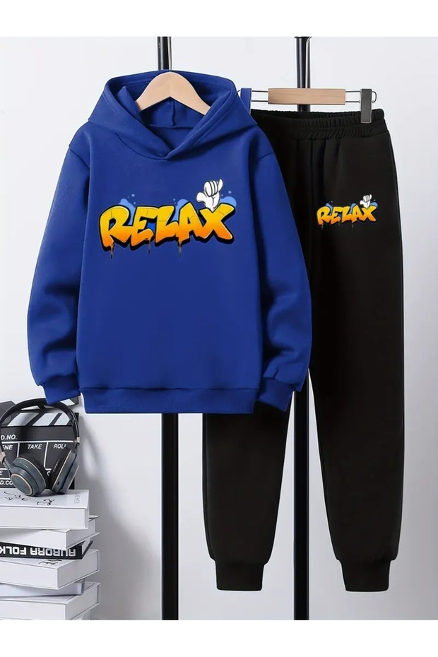 Children's Printed Hooded Sweatshirt and Tracksuit Set 3-Thread Brushed Inside for Autumn/Winter