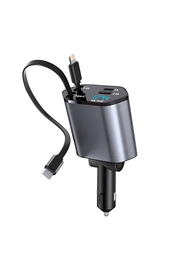 Black 240W 4 in 1 retractable car charger USB C cable for iPhone fast charge cord adapte...