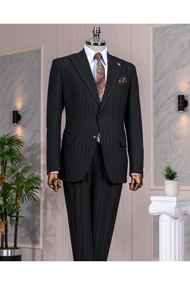 Italian Style Slim Fit Peak Lapel Jacket Pants Suit Black T14253