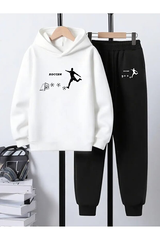 Children's Printed Hooded Sweatshirt and Tracksuit Set 3-Thread Brushed Inside for Autumn/Winter