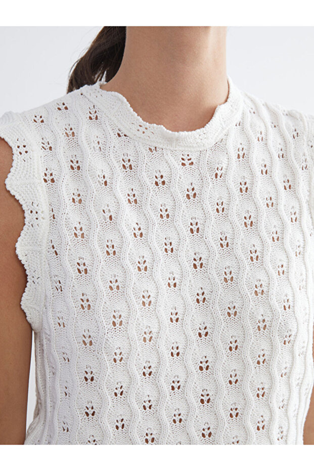 Ekru Bisiklet Yaka Ajurlu Kadın Triko Süveter - 3