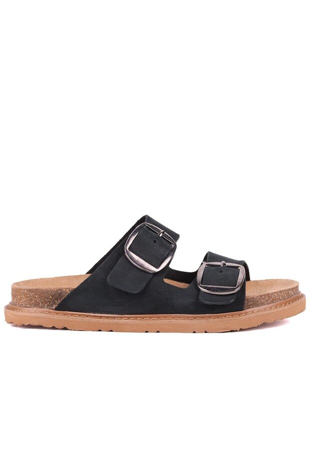 Sail Lakers - Black Color Genuine Nubuck Leather Women's Slippers