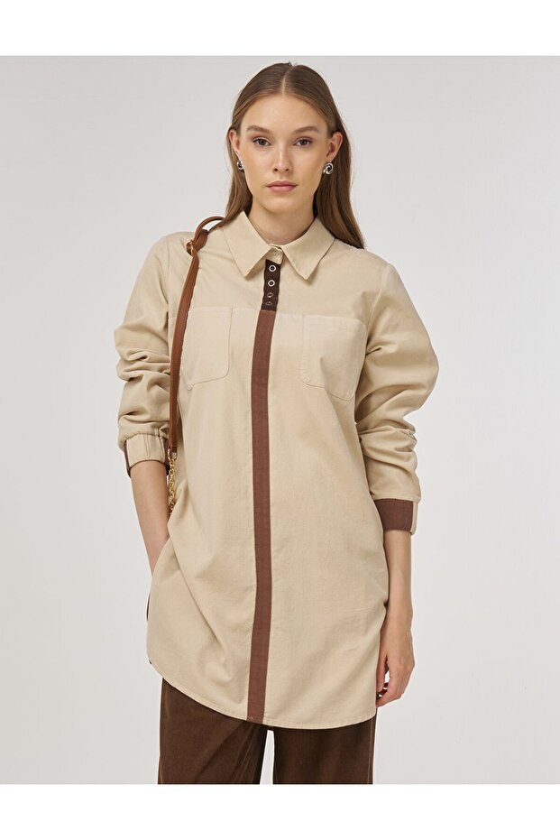 Gömlek Yaka Kadife Tunik Krem - 1