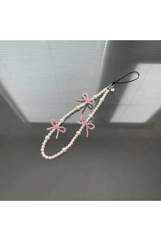 1Pc DYM Korea Cute Pink Bowknot Pearl Pendant Beaded Phone Charm For Accessrioes Lanyard Woman Gi...