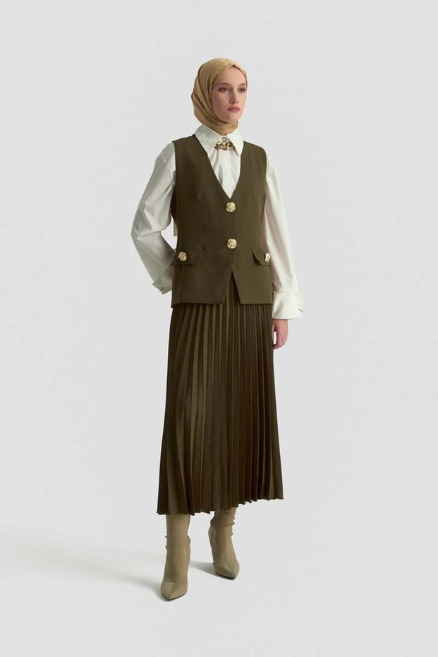 Armi̇ne Trend Gold Buttoned Pocket Detailed Pleated Skirt and Vest Two-Piece Set - Olive Green