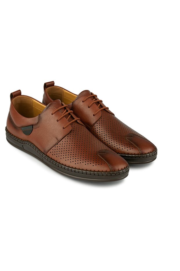 Gr372 Genuine Leather Lightweight Poly Sole Perforated Brown Casual Style Espadrille Shoes