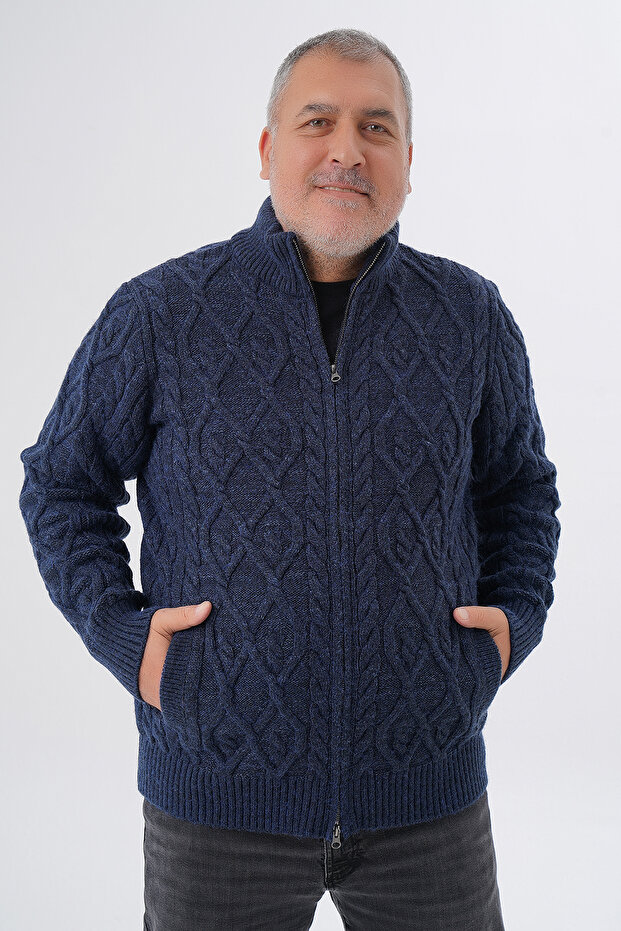 Plus Size Men's Navy Blue Pocket Zippered Walking Hair Braided Wool Cardigan Trist-2120