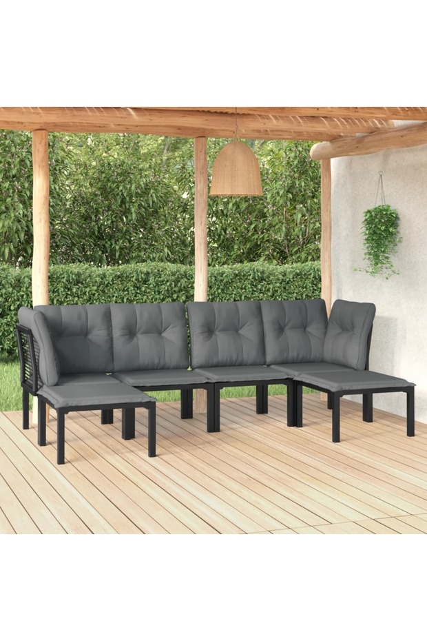 6 Piece Garden Lounge Set Black and Grey Poly Rattan