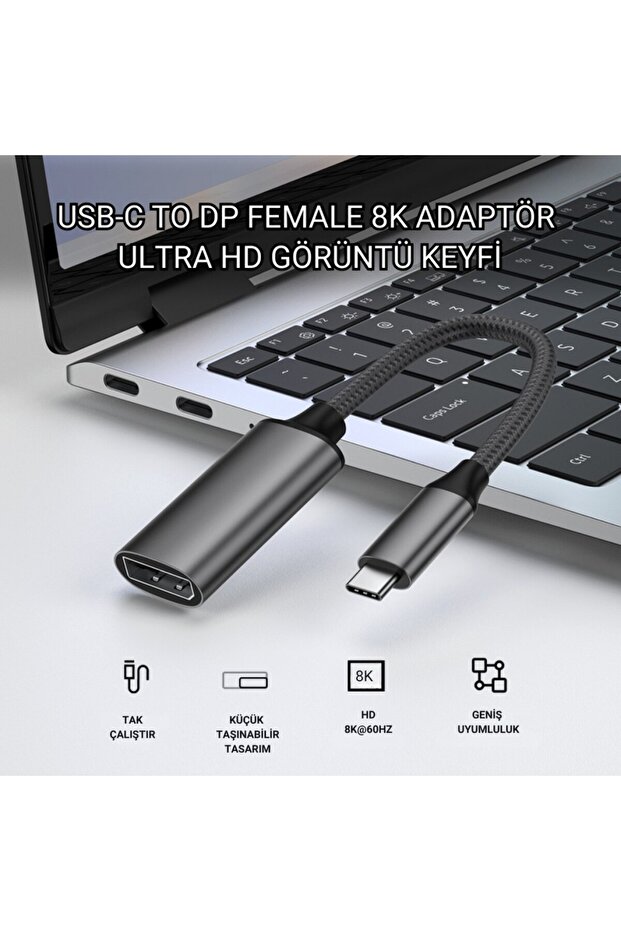 Type C To Displayport Adaptör 8K UHD 60Hz | Dayanıklı Örgü Kablo | Tak-Çalıştır 8K DP Kablosu - 8