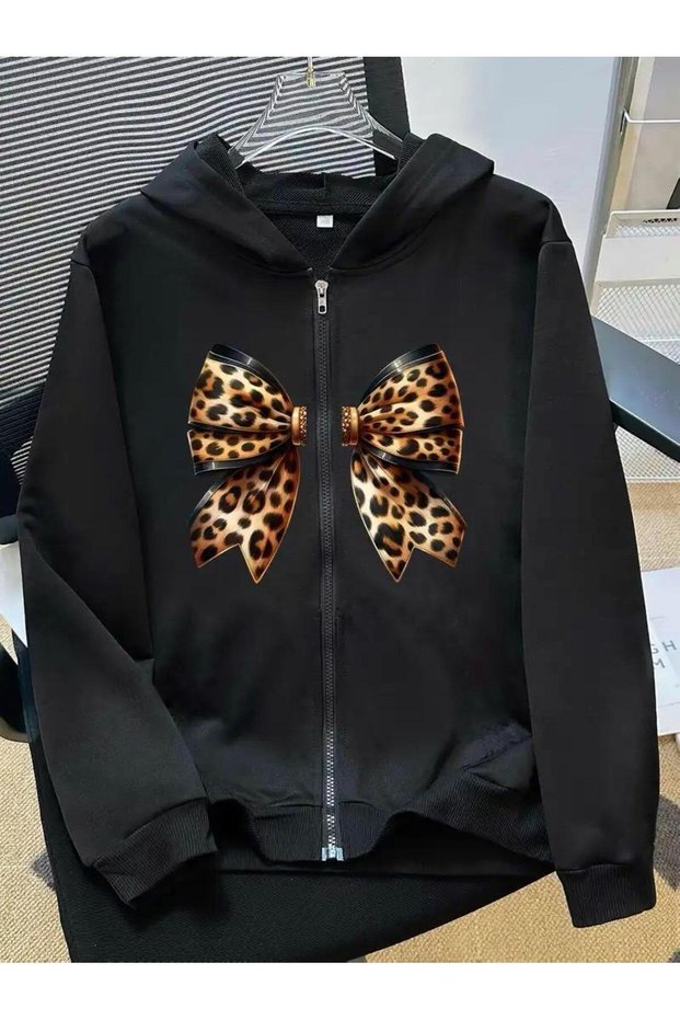 Girl's Black Leopard Ribbon Printed Hooded Zippered Cardigan