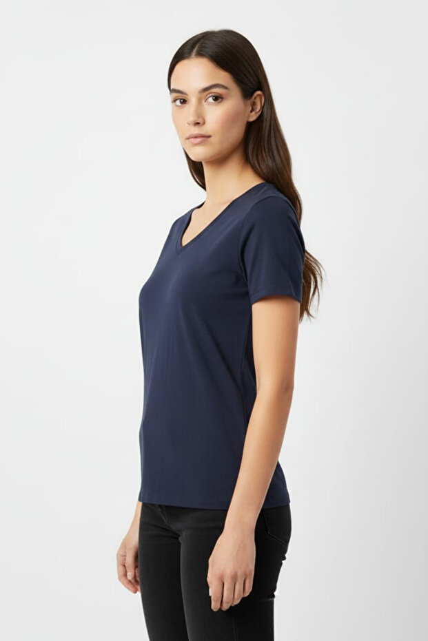 Modal Kumaş V Yaka Basic Tişört Lacivert - 2