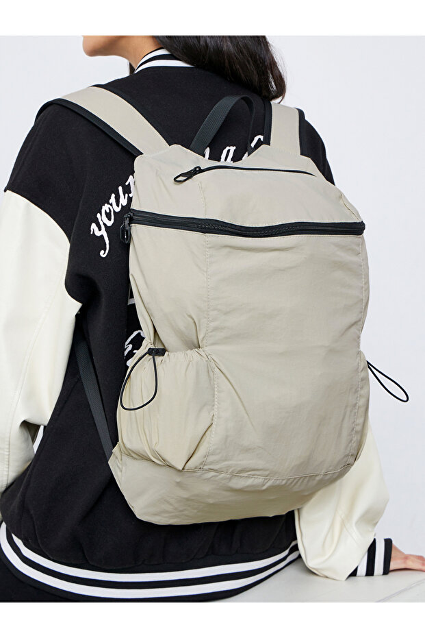 Solid Backpack with Zip Closure and Drawstring Detail - 1