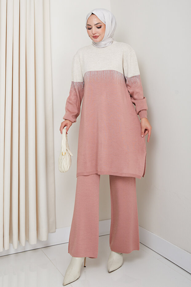 Rhythmic Pattern Steel Woven Comfortable Fit Women's Tunic and Pants Hijab Knitwear Set