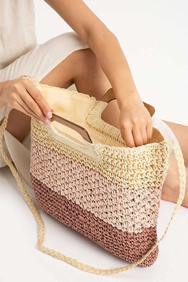 Dune Tahta Saplı Hasır Çanta PEMBE 35001 - 3