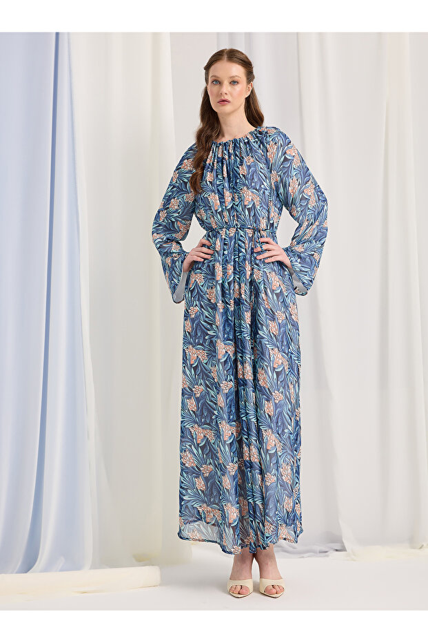 Blue Pattern Chiffon Long Dress - 3