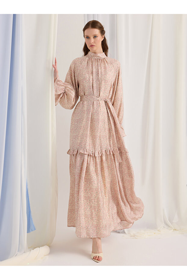 Pembe Çiçek Desenli Uzun Elbise - 5