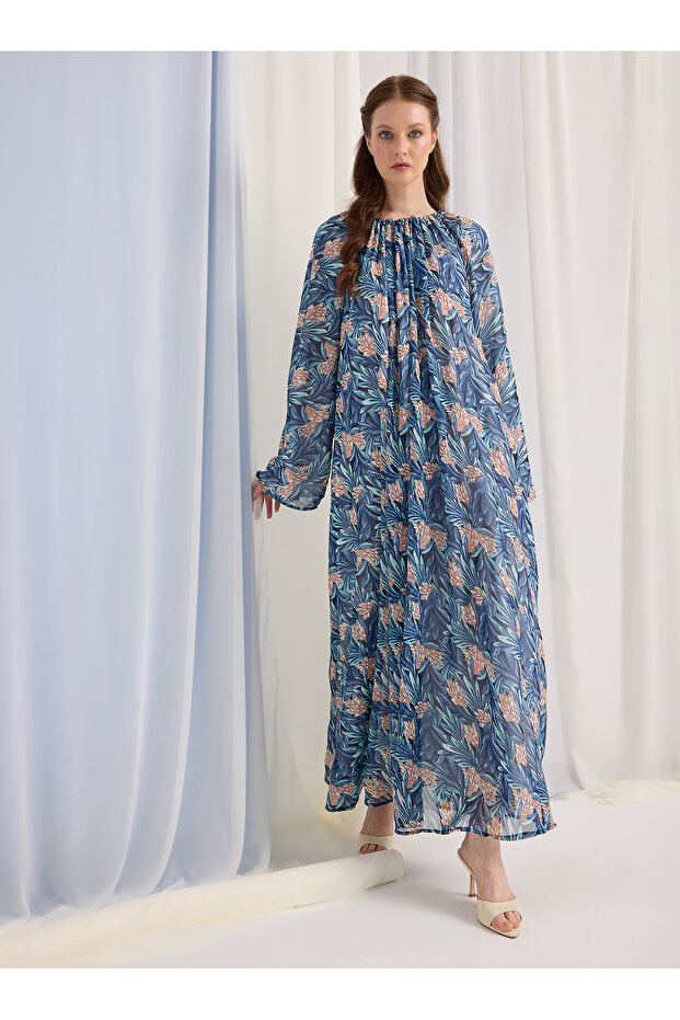 Blue Pattern Chiffon Long Dress - 2