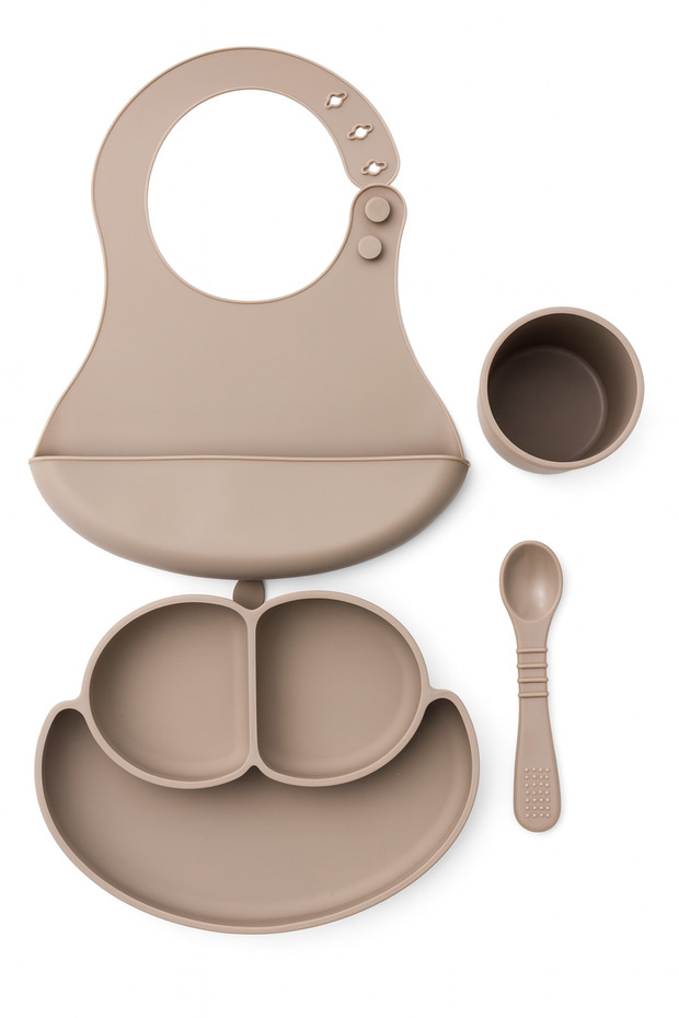 4-Piece Baby Feeding Set Beige (Food Plate, Spoon, Cup, Bib)