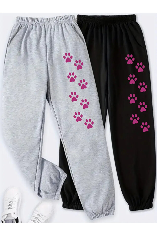 Girl's 2-Pack Purple Paw Print Printed 2 Thread Ribbed Sweatpants